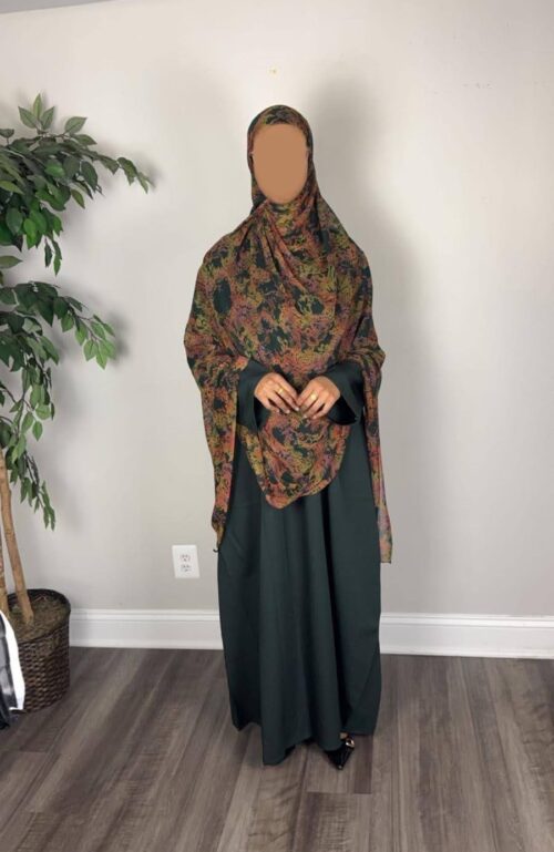Satin Finish Crepe Abaya Wide Sleeve with maxi printed scarf
