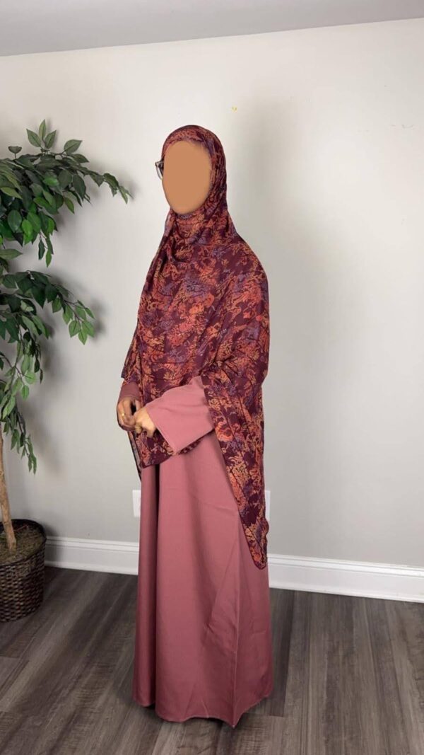 Dusty Pink Satin Finish Crepe Abaya with maxi printed scarf
