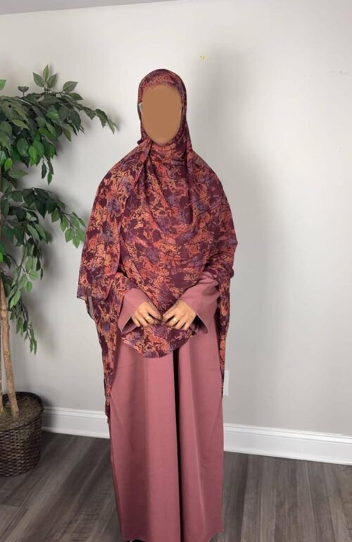 Dusty Pink Satin Finish Crepe Abaya with maxi printed scarf