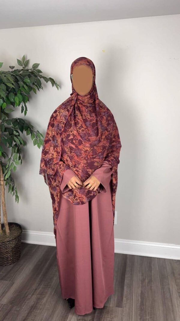 Dusty Pink Satin Finish Crepe Abaya with maxi printed scarf